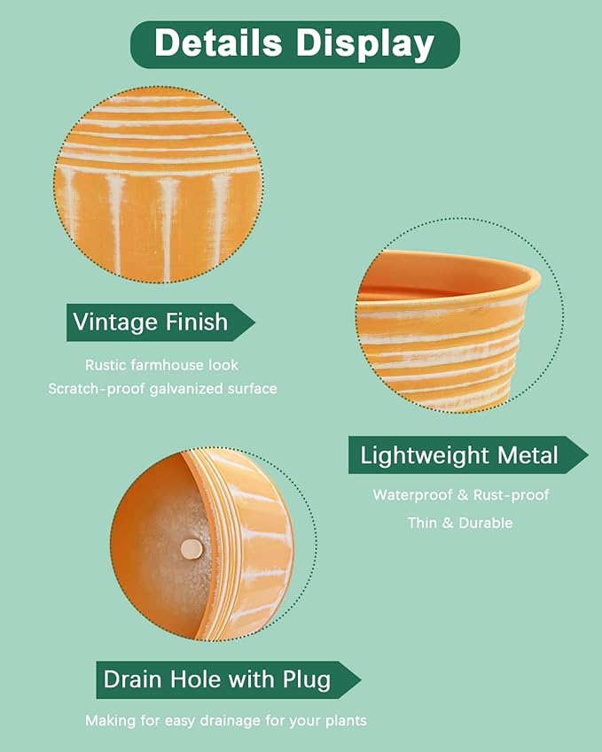 vensovo 4 Inches Orange Metal Rustic Flower Pots - 6 Pcs Small Galvanized Planters with Drainage Hole and Rubber Plug, Rustproof Tin Bucket Plant Pot Farmhouse Vintage Style for Decor