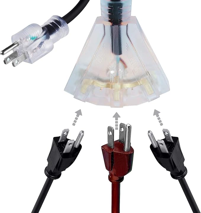 1FT 12/3 Extension Cord Heavy Duty Black 3-Outlet Indoor/Outdoor SJTW Lighted - Image 4