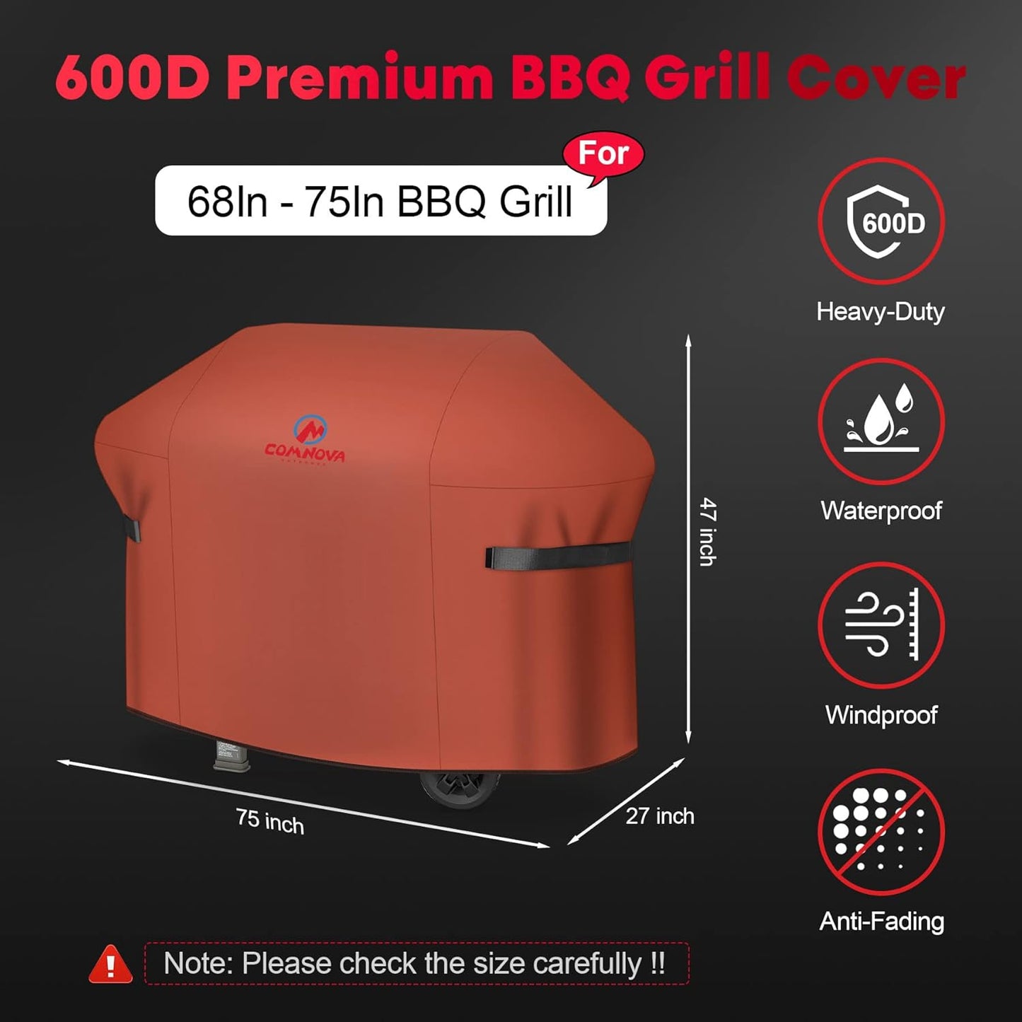 Comnova Grill Cover 75 Inch - 600D BBQ Cover for Outdoor Grill Heavy Duty and Waterproof, Large Barbecue Gas Grill Covers for Weber, Char-Broil, Nexgrill, Monument, Dyna-glo, Brinkmann and More