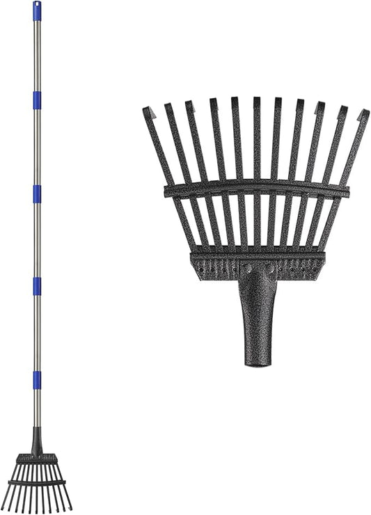 Small Graden Rake - 8 inch Width Metal Leaf Rake for Gardening, Yard, Flower Beds, Mulch, Shrub Long Handle, 6ft
