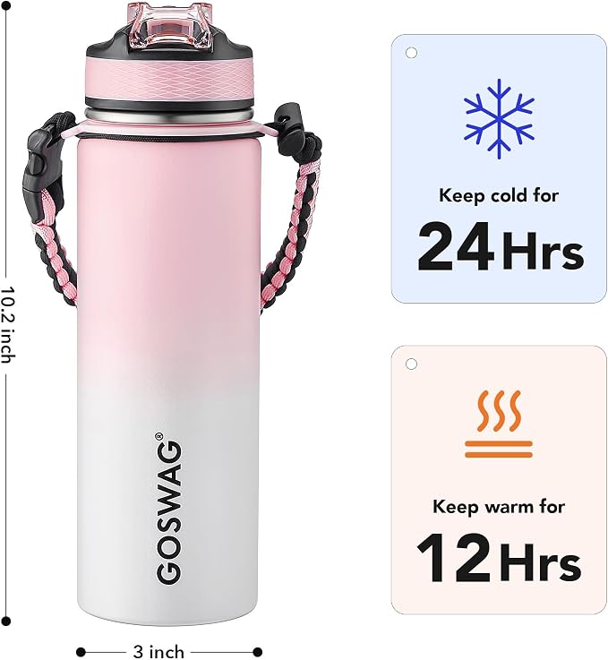 GOSWAG Insulated Sports Water Bottle, 24oz 2 Lids, Stainless Steel Water Bottles - Image 2