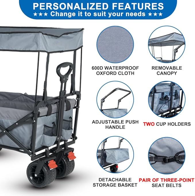 SKYMANOR Collapsible Wagon with Removable Canopy, 3-in-1 Heavy Duty Garden Cart with Big All-Terrain Wheels, Brakes, Adjustable Push Pull Handle, Cooler Bag, 300LBS Wagon Cart for Camping (Grey)