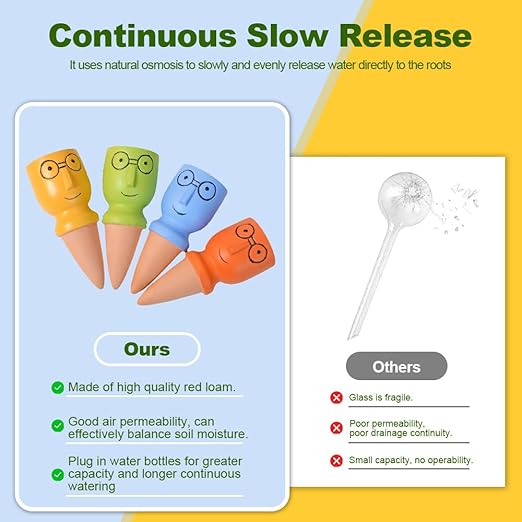 Self Watering Spikes for Plants, Terracotta Slow Release Watering System - Vacation Plant Waterer, 4 Pack Automatic Plant Watering Devices for Indoor Outdoor Potted Plants