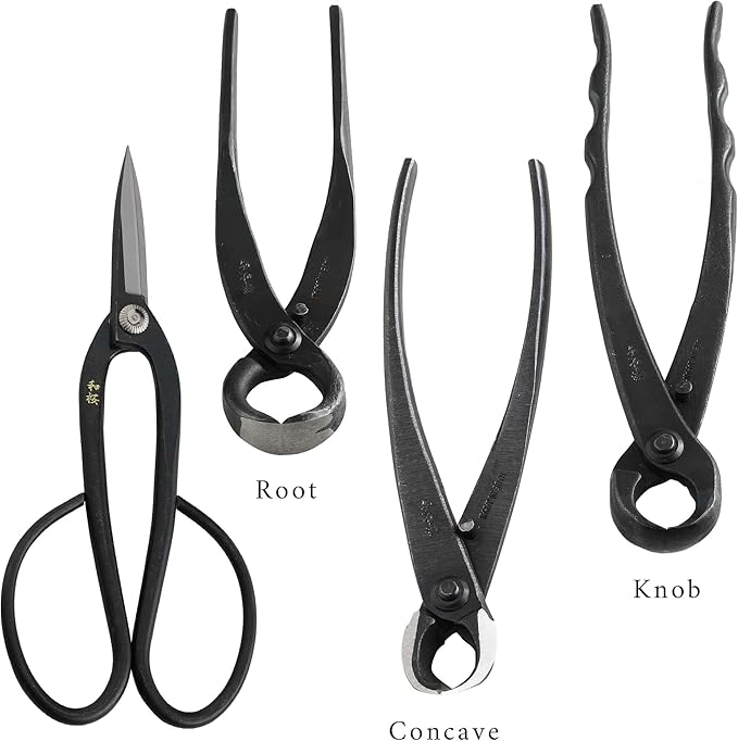 Wazakura Made in Japan 6PCS Bonsai Professional Tool Kit with Roll Bag: Yasugi Steel Ashinaga Scissor, Concave Branch Cutter, Knob Cutter, Jin Plier, Wire Cutter, Root Cutter. Bonsai Tool Set & Case