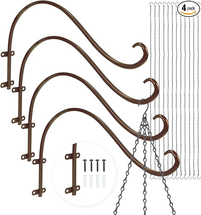 Plant Hangers Outdoor, 4 Pack 16 Inch Plant Hooks for Wall Metal Plants Hanging Bracket for Bird Feeder, Flower Baskets, Wind Chimes, Lanterns, Indoor Outdoor, Bronze