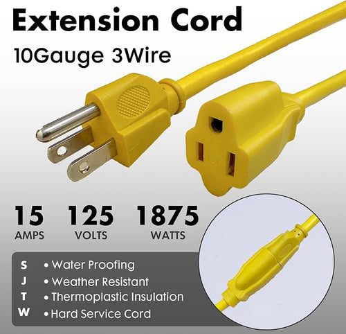 10ft Yellow Outdoor Extension Cord Waterproof, UL Listed, 10/3 SJTW Heavy Duty - Image 2