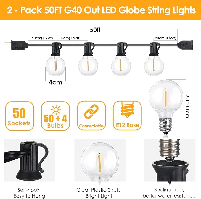 Mlambert 100Ft Outdoor String Lights, G40 Globe Patio Lights - Image 5