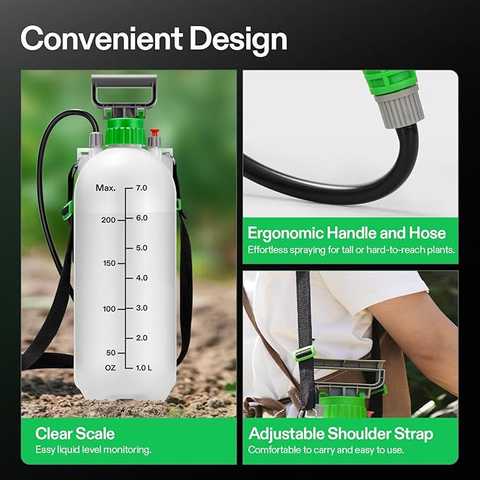 VIVOSUN Pump Sprayer 1.8 Gallon, Portable Water Spray Bottle in Lawn and Garden Yard, Weed Sprayer for Plants with 3 Nozzles, Adjustable Shoulder Strap, Pressure Relief Valve