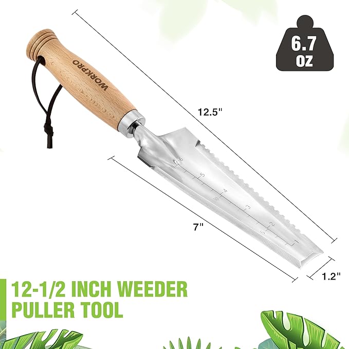 WORKPRO 12.5" Weeder Puller Tool with Wood Handle, 4-in-1 Polished Stainless Steel Garden Trowel, Hori Hori Garden Knife for Easy Weeder Removal, Planting, Weeding, Small Gardening Hand Tools