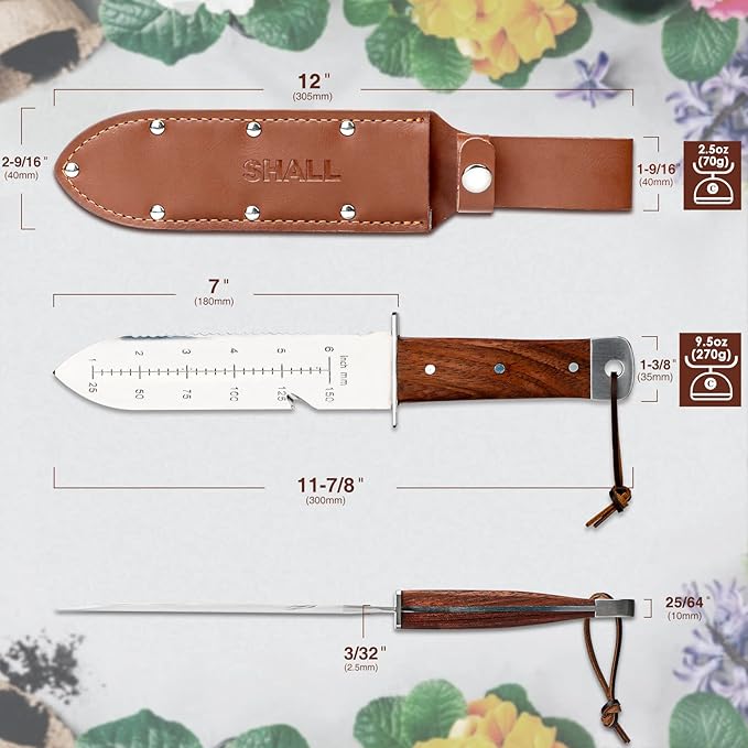 SHALL Hori Hori, Japanese Garden Knife, Soil Knife with Leather Sheath, Rosewood Handle & Hide Rope, 7” Stainless Steel Blade, Rope Cutting Edge, for Digging, Weeding, Planting, Full-Tang