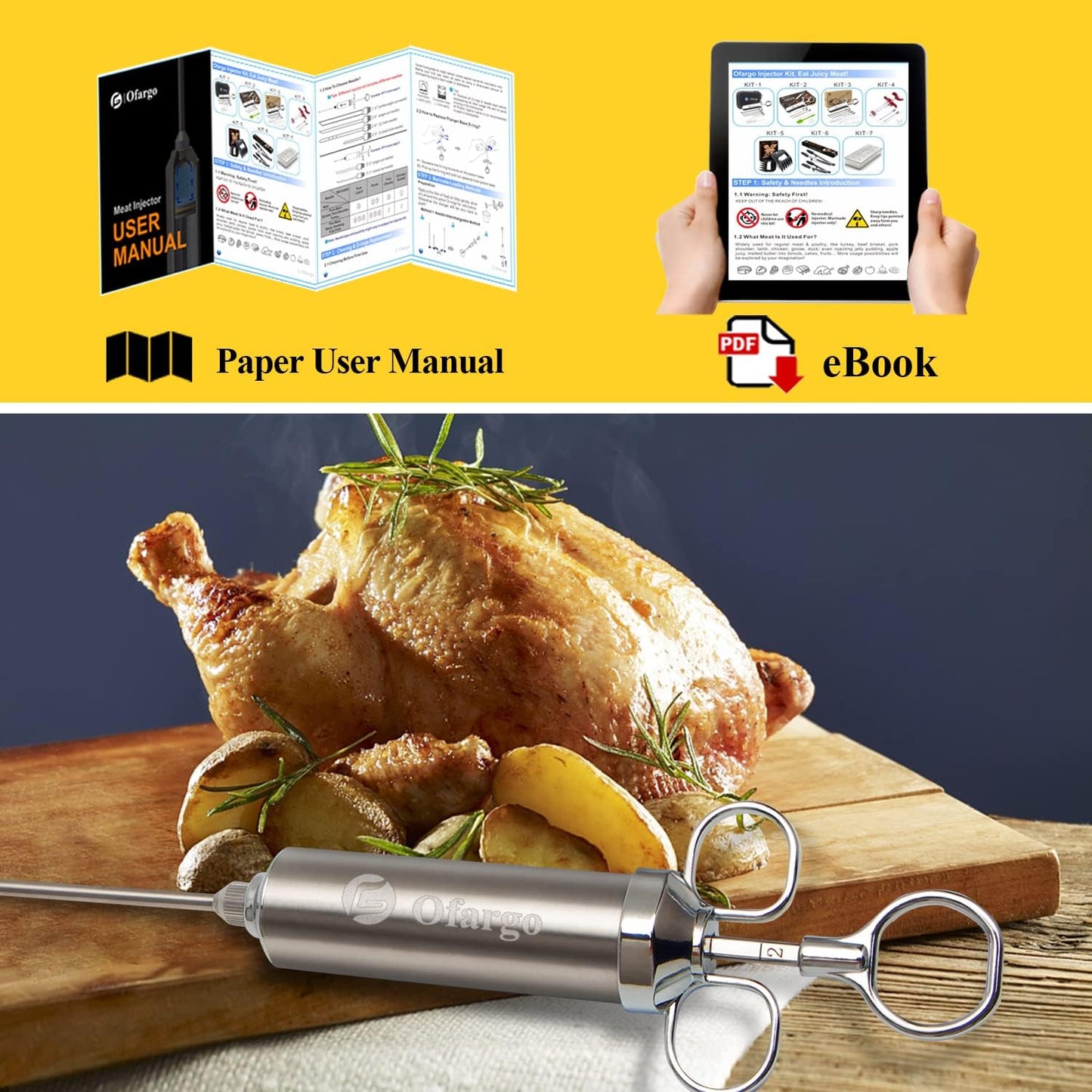 Meat Injector, Meat Injectors for Smoking with 3 Marinade Injector Needles; Injector Marinades for Meats, Turkey, Brisket; 2-oz