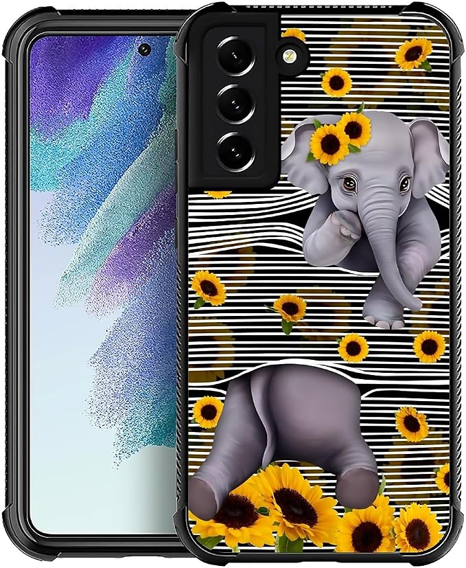 for Samsung Galaxy S21 Case, Cute Little Elephant Sunflower White Line Art by FKBRCL4U