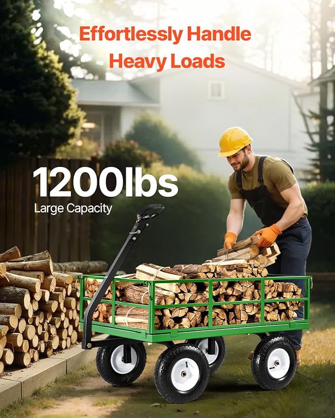 VEVOR 1200 Lbs Steel Garden Cart, Heavy Duty Pullable Garden Wagon Yard Cart, 2 in 1 Outdoor Metal Utility Wagon Yard Trailer with 13" All Terrain Tires, Mesh Removable Sides and 180°Rotating Handle