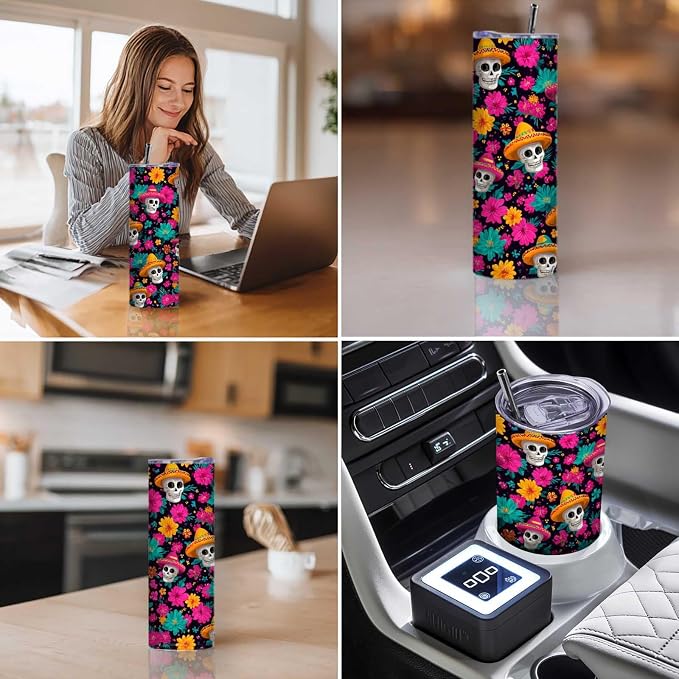 Firmiso 20 oz Tumbler｜Skinny Insulated Travel Mug｜Sombrero Skull Floral - Image 3
