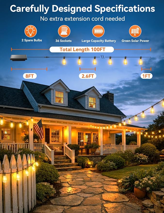 Brightever 100FT Solar String Lights Outdoor Waterproof - Image 2