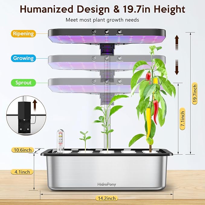 Hydroponics Growing System Herb Garden - HidroPony 15 Pods Indoor Gardening System with Grow Light, Stainless Steel Plants Germination Kit with Quiet Pump System, Gardening Gifts for Women