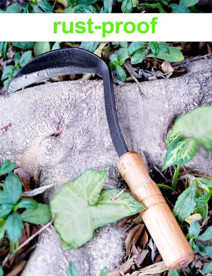 TOYPOPOR Japanese Weeding Sickle Hoe, 11" Gardening Hand Weeder Nejiri Kama Blade Tool Digging Cutting Weed Remover, High-Carbon Steel One-Piece Molding with Wood Handle, Very Sharp Edge Quick Work