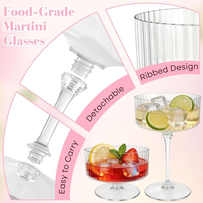 PLULON 24 Pcs Clear Martini Glasses Set 10 Oz Plastic Ribbed Coupe Glass - Image 4
