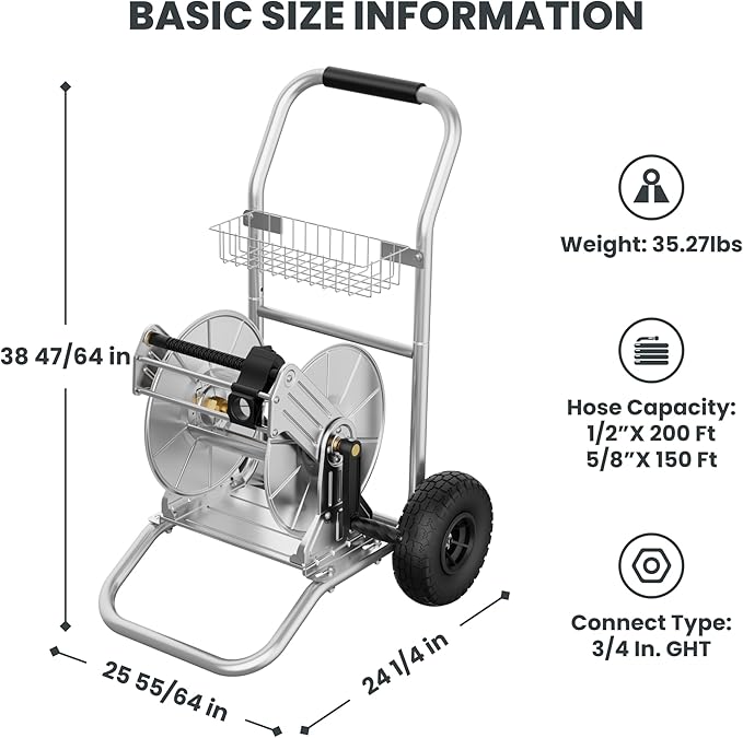 Giraffe Tools Garden Hose Reel Cart with Wheels, Stainless Steel Heavy Duty Water Hose Reel Cart, 200 ft of 1/2 Capacity, Mobile for Outside
