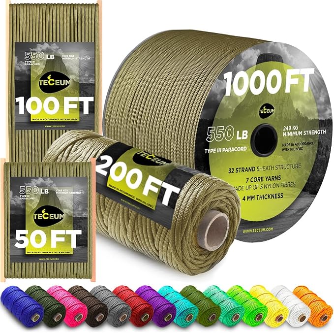 TECEUM 5/32" Paracord Rope 1000 – 1000ft / 200ft / 100ft / 50ft – Tactical by TECEUM