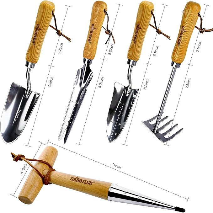 Gardtech Garden Tool Set, 5 Pcs Gardening Tool Set with Weeder Puller, Dibber, Transplanter, Big Trowel, 5-Claw Cultivator - Wooden Handle Heavy Duty Stainless Steel Gardening Hand Tools