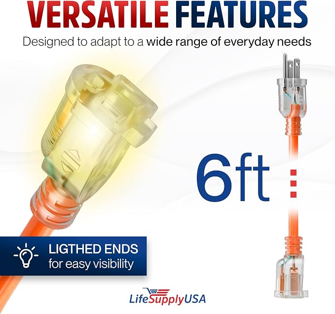 6ft Outdoor/Indoor Extension Cord 16/3 Gauge Heavy Duty 3 Prong SJTW, Waterproof - Image 6
