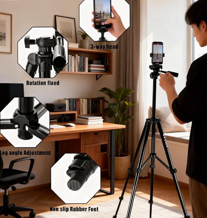 50" Aluminum Phone & Camera Tripod, Extendable Cell Phone Tripod Stand - Image 9