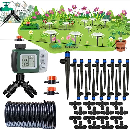 64FT Drip Irrigation Kit with Garden Timer Plant Watering System with Tubing Gushing Nozzles and Water Timer, Quick Connector Kits Easy to Assemble