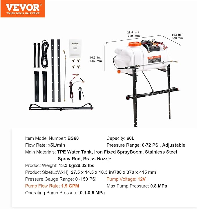 VEVOR ATV Spot Sprayer, 15.9 Gal/60L ATV/UTV Broadcast With Nozzle Boom, 12 V Pump With Water Tank, 1.9 GPM Flow Rate, Adjustable 0-72 PSI, 20FT Hose, Weed Sprayer for Garden, Farm
