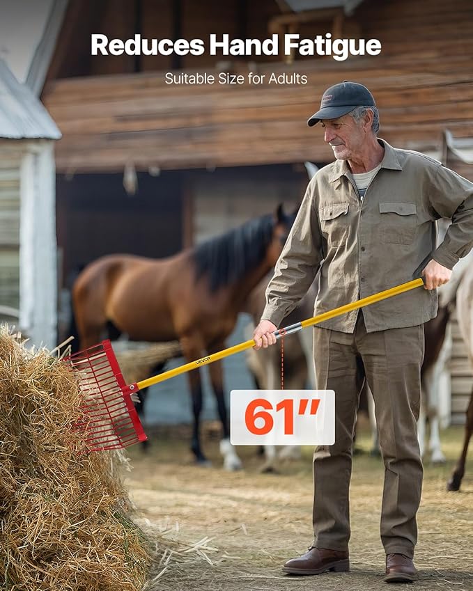 VEVOR Manure Fork, 18 Angled Tines, Horse Manure Rake with Long Fiberglass Handle, 61 in Durable Plastic Pitchfork Muck Rake Tool for Gardening Horse Stall Stable Grass Hay Cleaning Farm Work