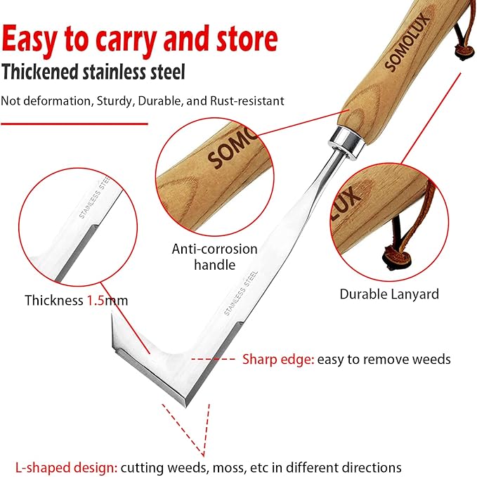 SOMOLUX Gardening Hand Weeder Tool Set, Multifunctional Garden Tools Stainless Steel with Wooden Handle for Garden Lawn Yard Planting Digging Measuring Pruning Cutting 2 Pack