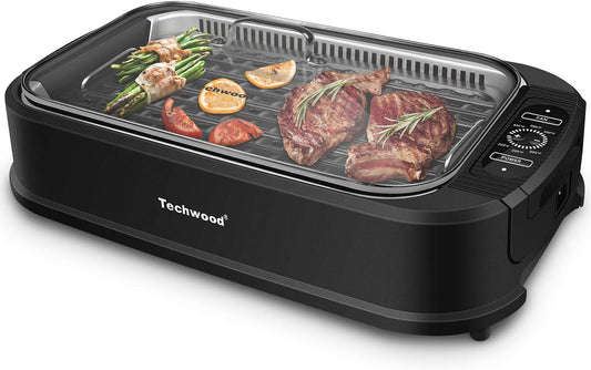 Techwood 1500W Smokeless Indoor Electric Grill with Non-Stick Plates and Tempered Glass Lid - Korean Grill with Temperature Control