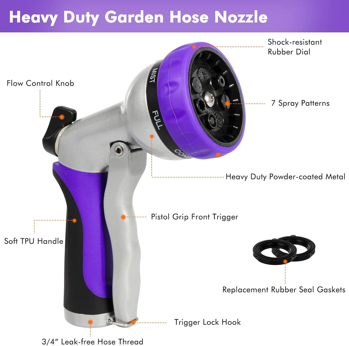 RESTMO Garden Hose Nozzle, Heavy Duty Metal Water Hose Nozzle with 7 Adjustable Spray Patterns, High Pressure Hand Sprayer with Flow Control, Best for Watering Plant & Lawn, Washing Car & Pet, Purple