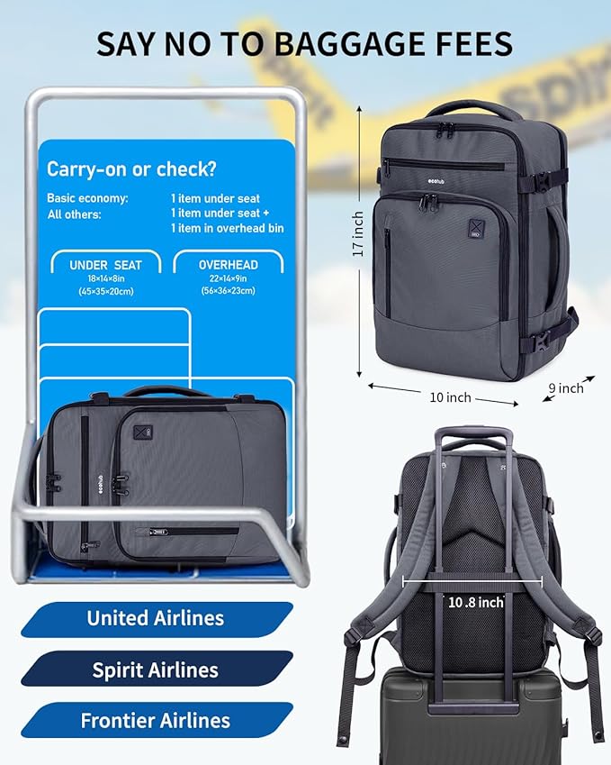 ECOHUB 17" Small Travel Backpack, United Airlines Personal Item Bag 17x10x9 - Image 2
