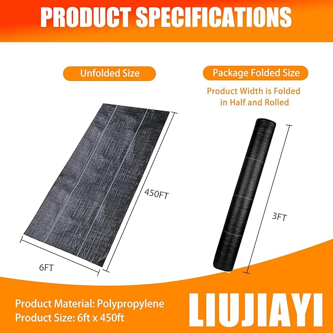 LIUJIAYI 2.4oz-6FTx450FT Weed Barrier Landscape Fabric - Durable Weed Block Gardening Ground Cover Mat, Woven Geotextile Fabric for Underlayment, Commercial Driveway Stabilization, Weed Control Cloth