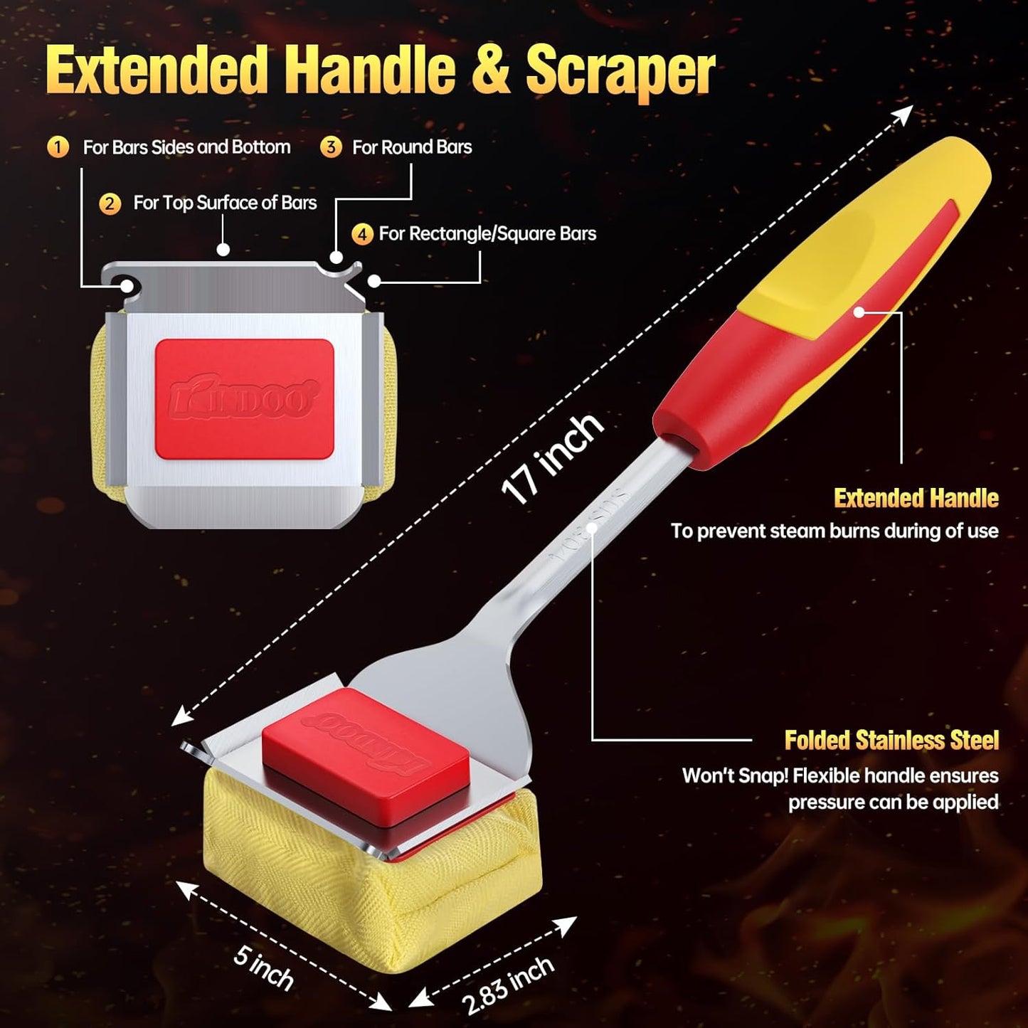 Grill Brush Bristle Free for Outdoor Grill, Steam Grill Cleaning Brush Replaceable BBQ Cleaner Brush Head,Extended Handle, Safe Grill Brush with Scraper for Cast Iron Stainless-Steel Grates, Red