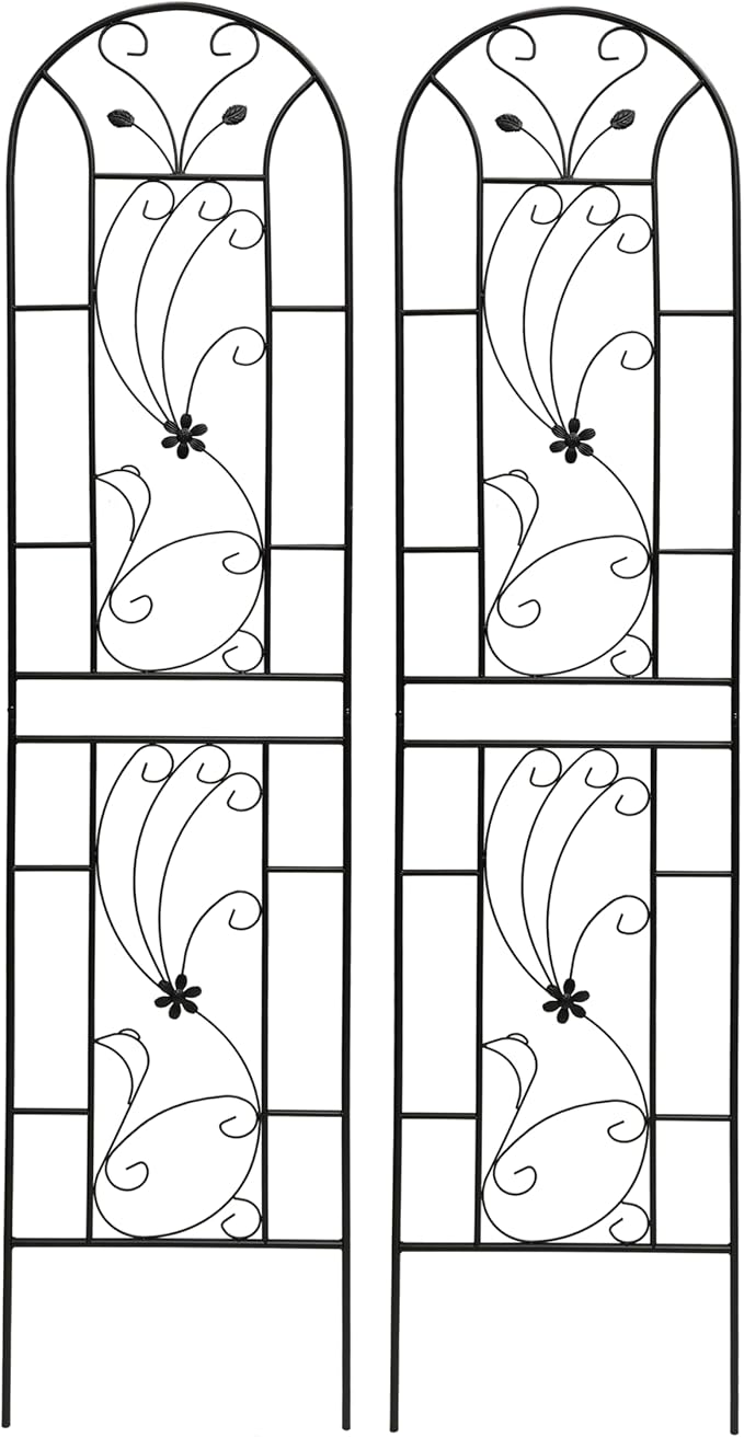 Metal Garden Trellis Rustproof Trellis for Climbing Plants Outdoor Flower Support Peacock Style (Black-2 Pack, 86.7"x19.7")
