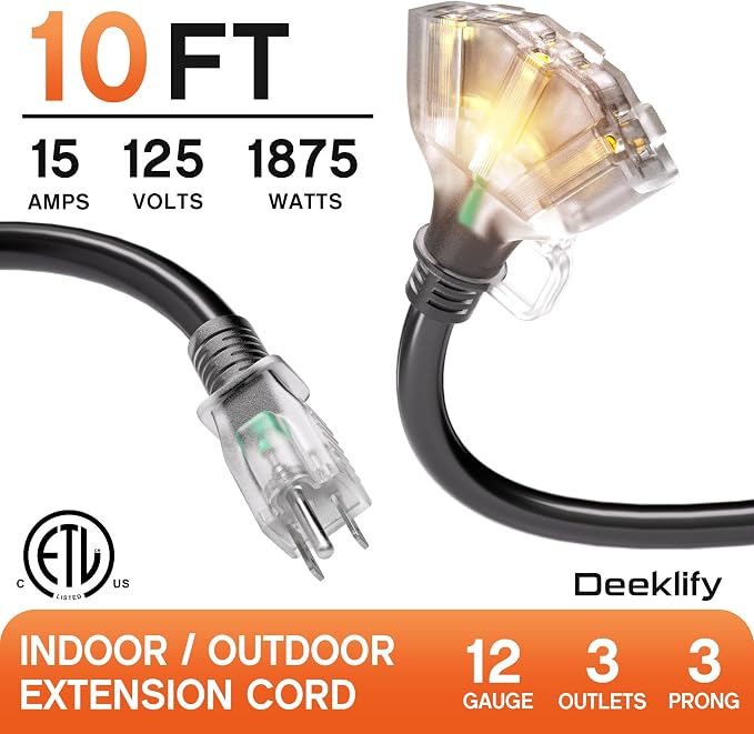 10 ft 12 Gauge 3 Outlet Extension Cord Splitter - Image 2