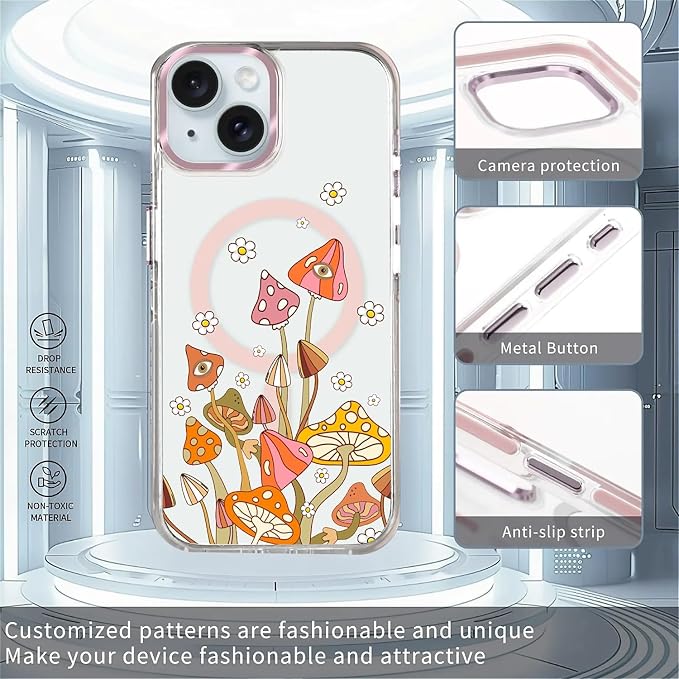 Case for iPhone 15, Retro Mushroom Sunflower Phone Case Design，for Women Girls - Image 2