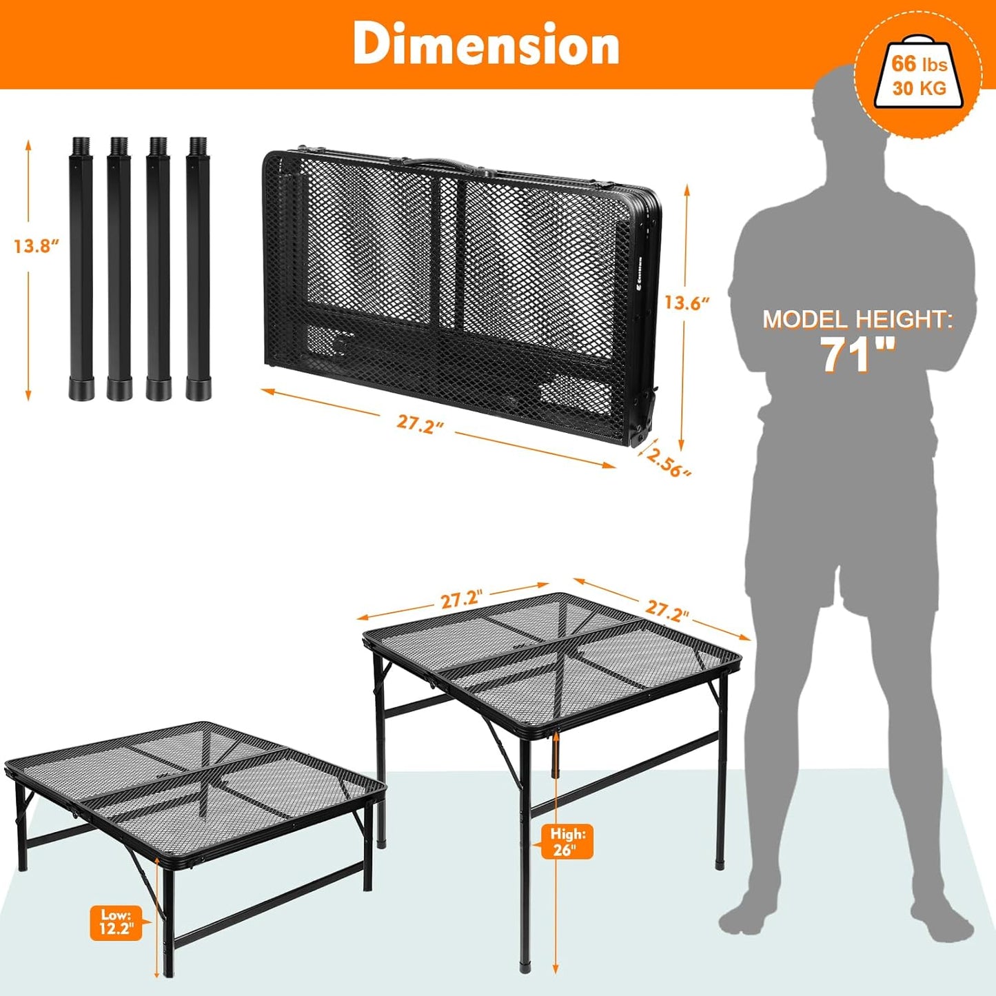 Square Folding Table, Easy for Storage, Compact and Portable Picnic Table for Grill, Outdoor Camping, Garden, Patio, Dining, BBQ, Party, Market and Card Table, 27.2 L×27.2W inches