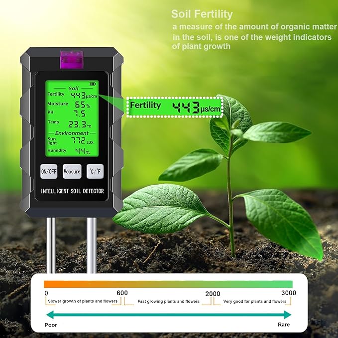 6-in-1 Soil Moisture Meter, pH/Temperature/Soil Moisture/Sunlight/Air Humidity/Soil Fertility Soil Tester for Farming, Gardening, Lawns and Outdoor Plants (2*AAA Battery Needed)