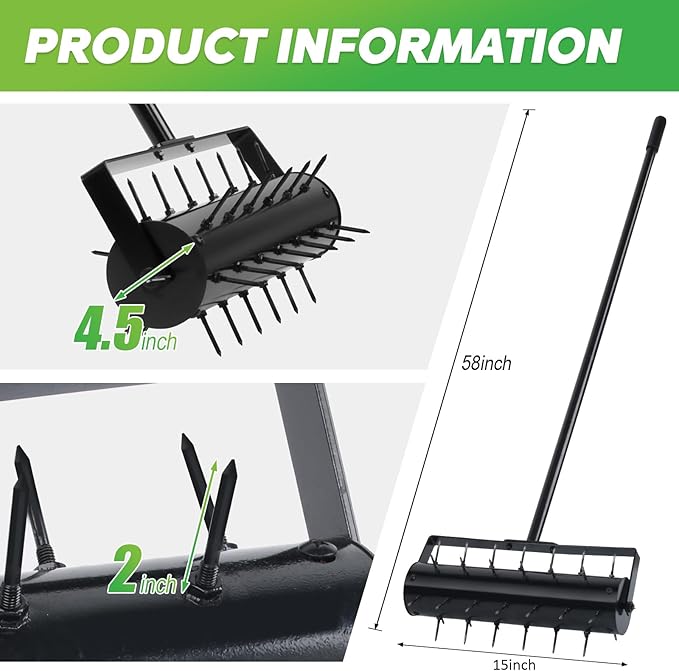 Rolling Lawn Aerator with 42 Spikes, No Assembly Required, Heavy-Duty Manual Lawn Tool for Soil Loosening and Grass Root Growth, Garden Yard Aeration Tool