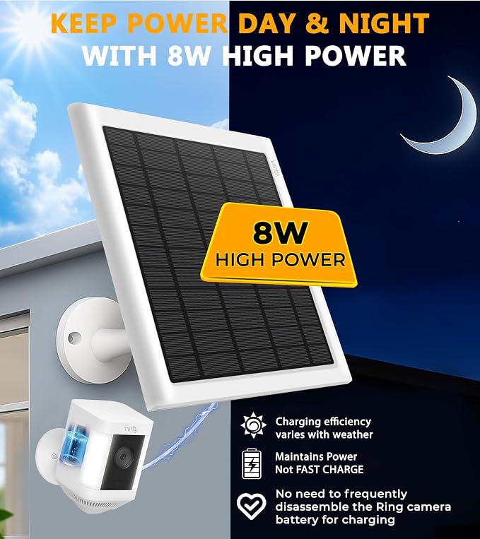 8W Solar Panel for Ring Camera, Spotlight Cam Battery, Includes Barrel Plug to - Image 2