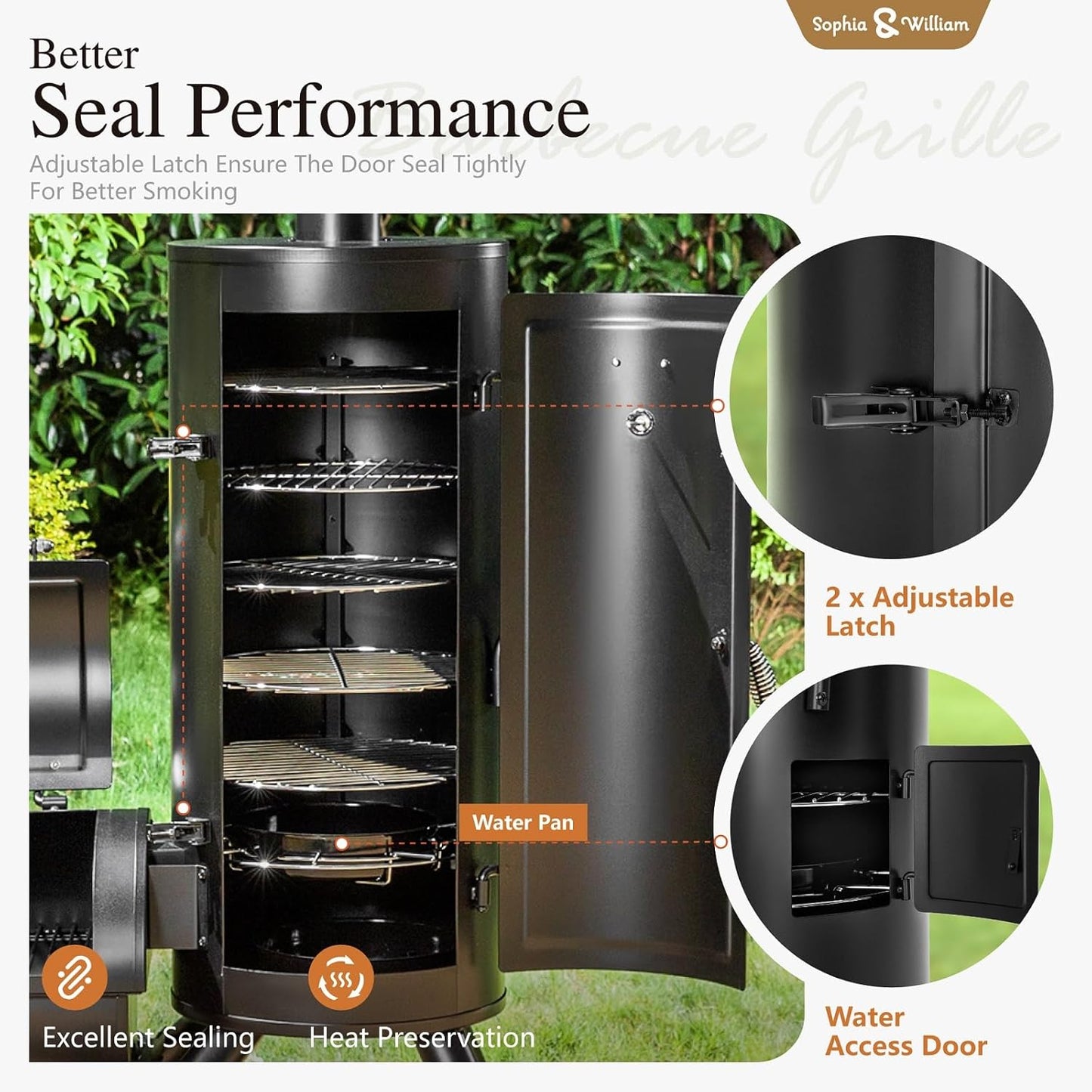 Sophia & William Heavy-Duty Vertical Offset Charcoal Smoker Extra Large Outdoor BBQ Gill with Offset Smoker, 961 SQ.IN. Cooking Area with Warming Tray,Push-out Ash Tray for Event Gathering, Black