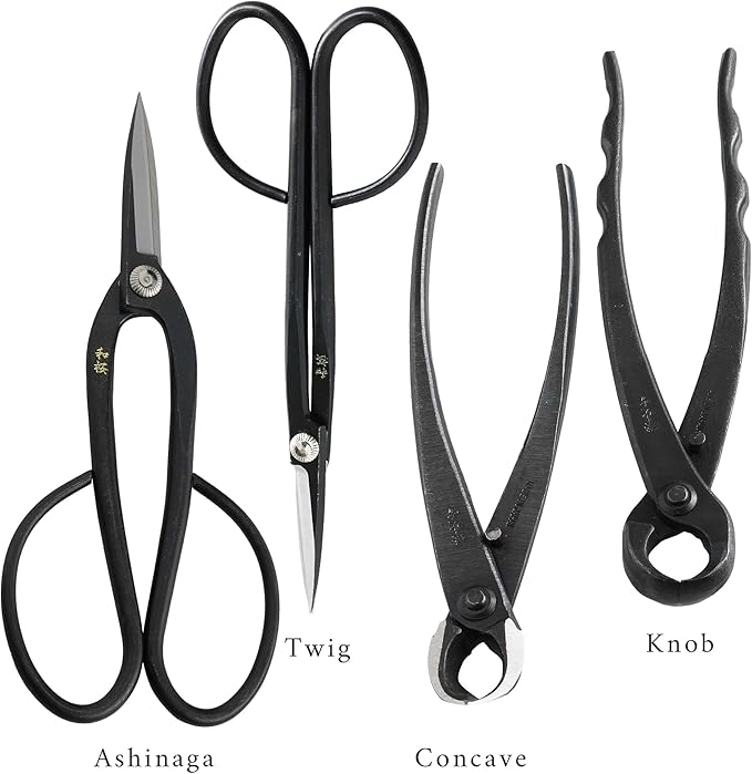 Wazakura Japanese 6PCS Bonsai Scissors and Branch Cutter Tool Kit with Roll Bag: Japanese Yasugi Steel Ashinaga and Twig Bonsai Scissors, Concave Branch Cutter, Knob Cutter, Jin Plier, Wire Cutter