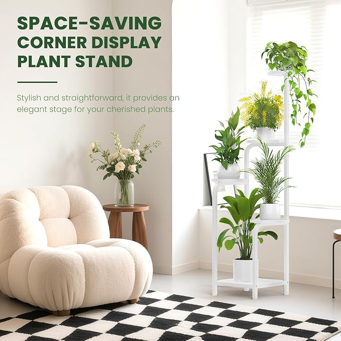 TOSKING 5 Tier Tall Plant Stand Indoor Outdoor, Heavy Duty Corner Shelf for Plants & Decor, Space Saving 3.9FT Metal Flower Pot Stand for Balcony, Garden, Living Room, Patio (White, 47in)
