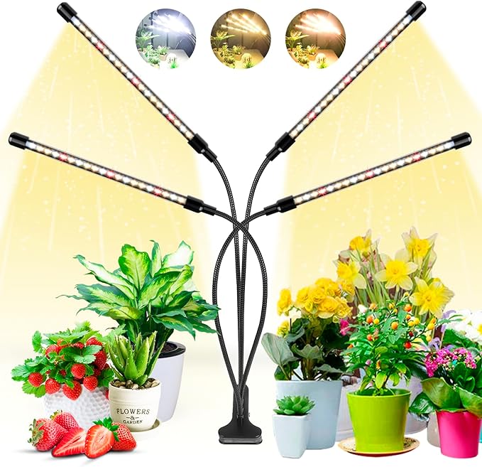 Wolezek Grow Lights for Indoor Plants, 80 LED 4 Heads Full Spectrum Grow Light with Clip, Plant Light with 5000K 3000K 660nm LED Chips, Auto Timer 6 12 16 Hrs, Grow Lamp for Seed Starting