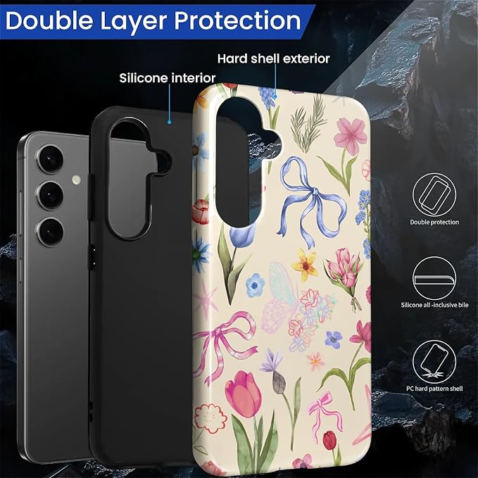 for Samsung Galaxy S24 Case, HL2 Aesthetic Flower Preppy Collage Hybrid 2 Layer - Image 2