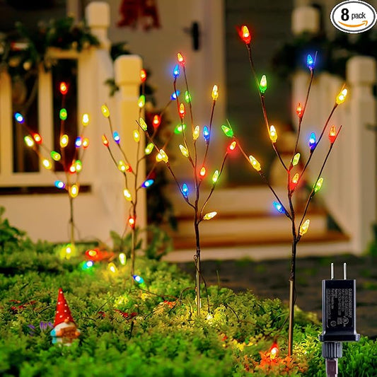 Brightown LED Twig Lights, 2 Sets Total 8 Packs Lighted Branches for Vases Plug in, C6 Driveway Christmas Lights, Outdoor Christmas Stems Outdoor Decorations Yard, Multicolor