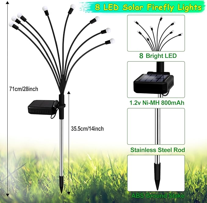 Kohlrabi Solar Garden Lights Outdoor, 4 Pack 32 LED Solar Blue Firefly Lights - Image 2